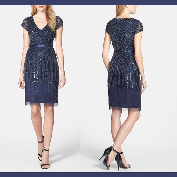 NEW Adrianna Papell Mesh Overlay Embellished Dress in Navy Blue [SZ‎ 6 ] - Picture 3 of 10